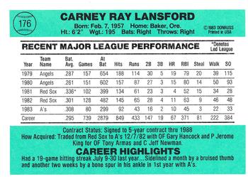 1984 Donruss #176 Carney Lansford Back