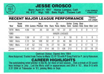 1984 Donruss #197 Jesse Orosco Back