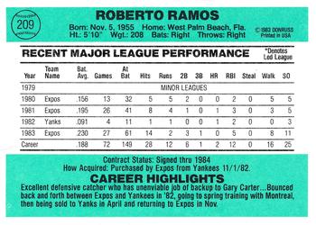 1984 Donruss #209 Bobby Ramos Back