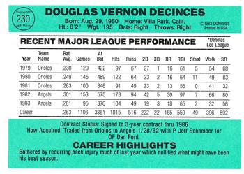 1984 Donruss #230 Doug DeCinces Back