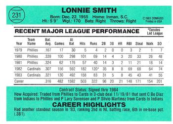 1984 Donruss #231 Lonnie Smith Back