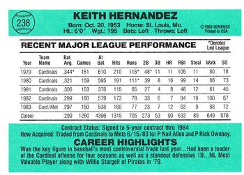 1984 Donruss #238 Keith Hernandez Back