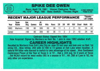 1984 Donruss #313 Spike Owen Back