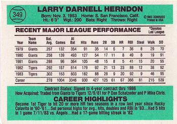 1984 Donruss #349 Larry Herndon Back
