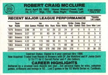 1984 Donruss #359 Bob McClure Back