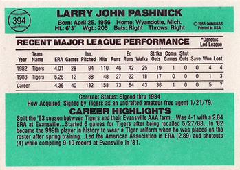 1984 Donruss #394 Larry Pashnick Back