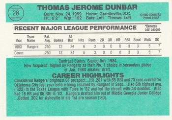 1984 Donruss #28 Tom Dunbar Back