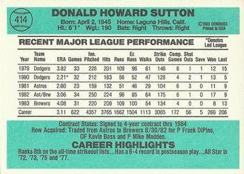 1984 Donruss #414 Don Sutton Back