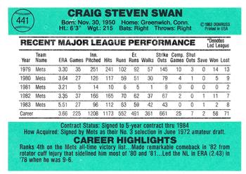 1984 Donruss #441 Craig Swan Back