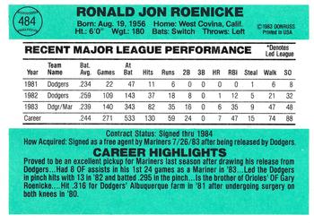 1984 Donruss #484 Ron Roenicke Back