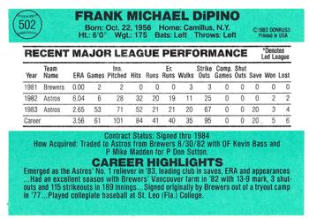1984 Donruss #502 Frank DiPino Back