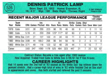 1984 Donruss #526 Dennis Lamp Back