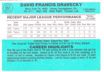 1984 Donruss #551 Dave Dravecky Back