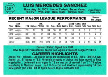 1984 Donruss #597 Luis Sanchez Back