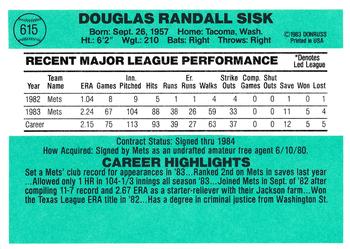 1984 Donruss #615 Doug Sisk Back