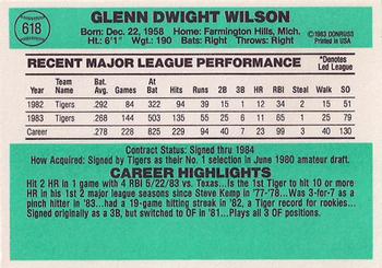 1984 Donruss #618 Glenn Wilson Back
