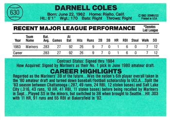 1984 Donruss #630 Darnell Coles Back