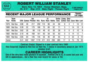 1984 Donruss #644 Bob Stanley Back