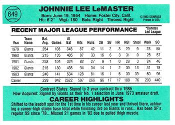1984 Donruss #649 Johnnie LeMaster Back