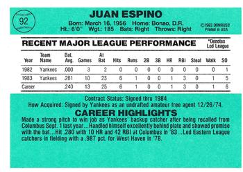 1984 Donruss #92 Juan Espino Back