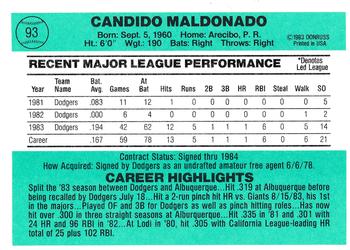 1984 Donruss #93 Candy Maldonado Back