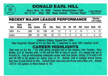 1984 Donruss #96 Don Hill Back