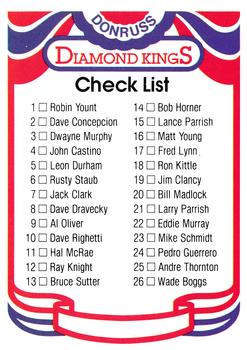 1984 Donruss #NNO Diamond Kings Checklist: 1-26 Front