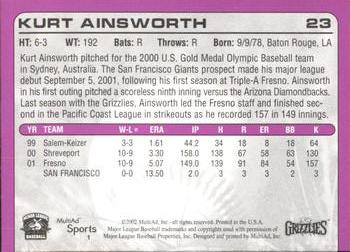 2002 MultiAd Fresno Grizzlies #1 Kurt Ainsworth Back