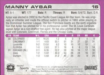 2002 MultiAd Fresno Grizzlies #2 Manny Aybar Back