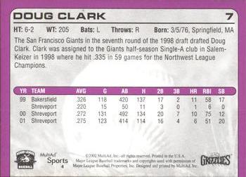 2002 MultiAd Fresno Grizzlies #4 Doug Clark Back