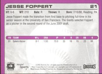 2002 MultiAd Fresno Grizzlies #7 Jesse Foppert Back
