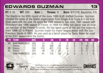 2002 MultiAd Fresno Grizzlies #9 Edwards Guzman Back