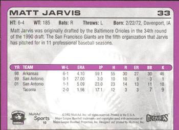 2002 MultiAd Fresno Grizzlies #10 Matt Jarvis Back