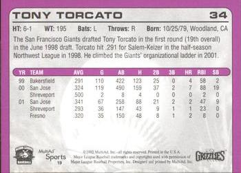 2002 MultiAd Fresno Grizzlies #19 Tony Torcato Back