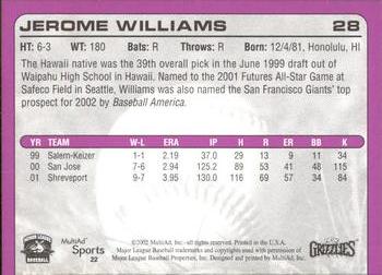 2002 MultiAd Fresno Grizzlies #22 Jerome Williams Back