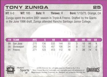2002 MultiAd Fresno Grizzlies #23 Tony Zuniga Back
