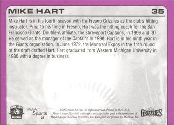 2002 MultiAd Fresno Grizzlies #25 Mike Hart Back
