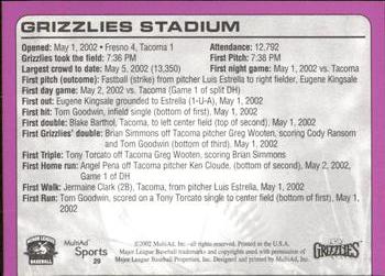 2002 MultiAd Fresno Grizzlies #29 Grizzlies Stadium Back
