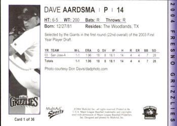 2004 MultiAd Fresno Grizzlies #1 Dave Aardsma Back