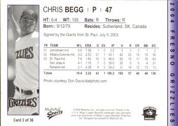 2004 MultiAd Fresno Grizzlies #3 Chris Begg Back