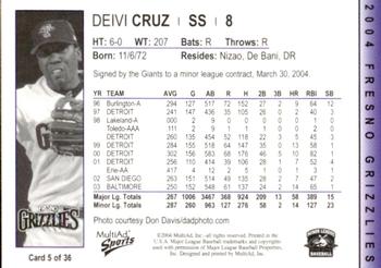 2004 MultiAd Fresno Grizzlies #5 Deivi Cruz Back