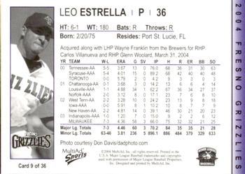 2004 MultiAd Fresno Grizzlies #9 Leo Estrella Back