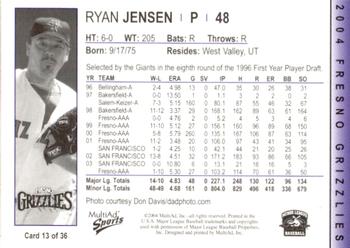 2004 MultiAd Fresno Grizzlies #13 Ryan Jensen Back
