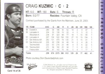 2004 MultiAd Fresno Grizzlies #14 Craig Kuzmic Back
