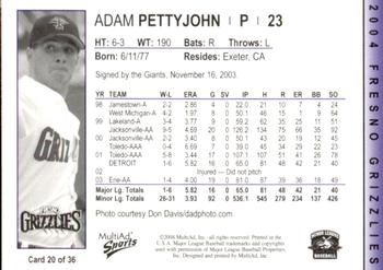 2004 MultiAd Fresno Grizzlies #20 Adam Pettyjohn Back