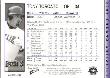 2004 MultiAd Fresno Grizzlies #26 Tony Torcato Back