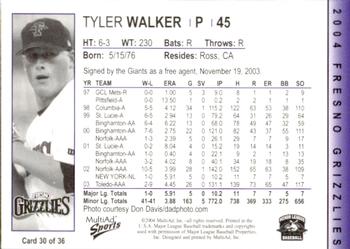 2004 MultiAd Fresno Grizzlies #30 Tyler Walker Back