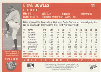 2007 MultiAd Fresno Grizzlies #7 Brian Bowles Back