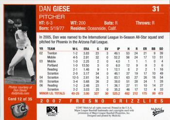 2007 MultiAd Fresno Grizzlies #12 Dan Giese Back