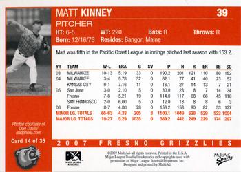 2007 MultiAd Fresno Grizzlies #14 Matt Kinney Back